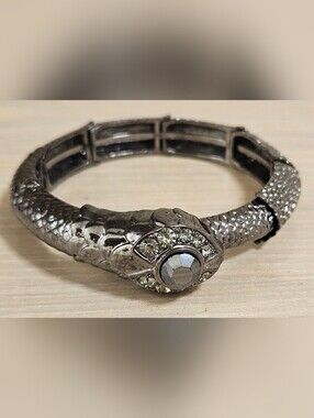VINTAGE GUNMETAL SILVER RHINESTONES ADJUSTABLE WRAP SNAKE BANGLE BRACELET